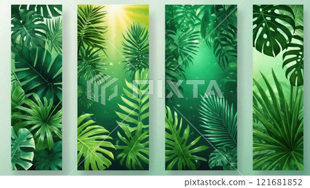 Vibrant green tropical foliage creates a calming and fresh atmosphere in modern interior design 121681852
