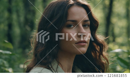 Woman stands thoughtfully in a lush green forest surrounded by tall trees during the day Woman stands thoughtfully in a lush green forest surrounded by tall trees during the day 121681855