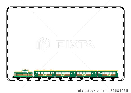 Frame illustration of a toy-style Kushiro Marsh Norokko train and railroad tracks Frame illustration of a toy-style Kushiro Marsh Norokko train and railroad tracks 121681986