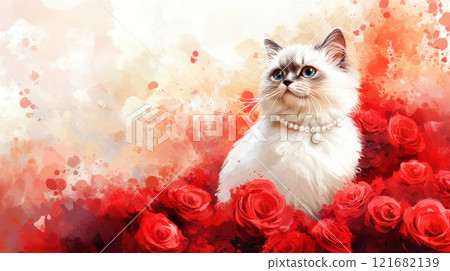 Cat and valentine day concept. fluffy white cat with blue eyes sits among vibrant red roses, wearing pearl necklace 121682139