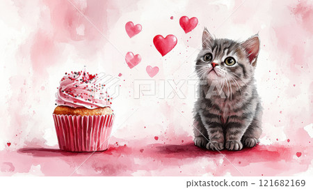 Cat and valentine day concept. Adorable kitten with cupcake and hearts in pink watercolor background 121682169