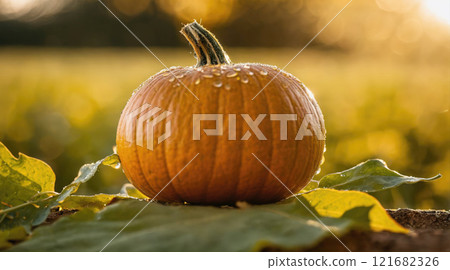 Freshly harvested pumpkin glistens with morning dew in an autumn landscape 121682326
