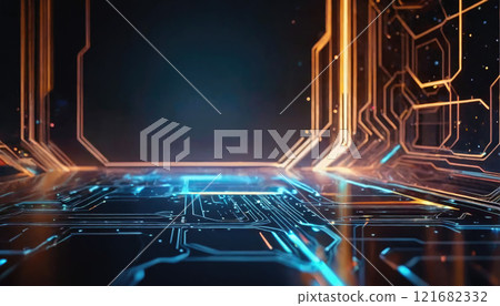Futuristic digital landscape with glowing circuitry and neon patterns in a virtual environment Futuristic digital landscape with glowing circuitry and neon patterns in a virtual environment 121682332