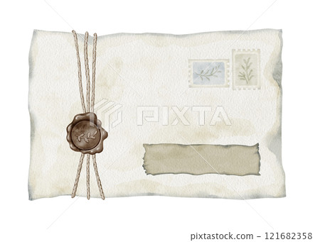 Watercolor illustration of envelope with a wax seal, tied with a rope. Ideal for greeting cards, logos, vintage-themed designs, and communication-related content such as letters and personal messages. Watercolor illustration of envelope with a wax seal, tied with a rope. Ideal for greeting cards, logos, vintage-themed designs, and communication-related content such as letters and personal messages. 121682358
