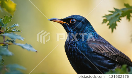 Bright blackbird perched on a branch amidst green leaves capturing nature's beauty in sunlight 121682376