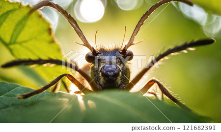 Close-up view of an insect resting on a leaf surrounded by sunlight in a lush green environment 121682391