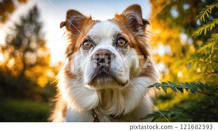 Beautiful dog gazes into camera amidst autumn foliage in a serene park during golden hour 121682393