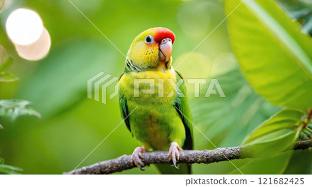 Colorful parrot perched on a branch amidst lush green foliage in a tropical setting during daylight hours Colorful parrot perched on a branch amidst lush green foliage in a tropical setting during daylight hours 121682425
