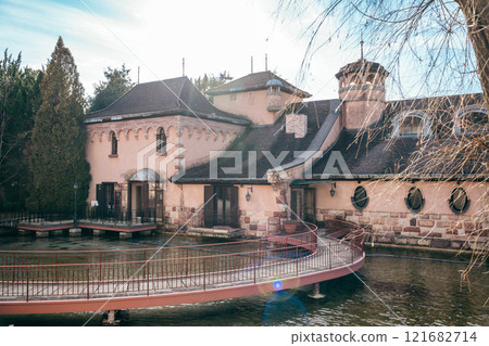 Blue sky and European-style buildings at Kawaguchiko Music and Forest Museum 121682714