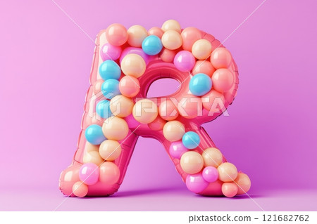 A pink balloon letter R with a bunch of colorful balloons A pink balloon letter R with a bunch of colorful balloons 121682762