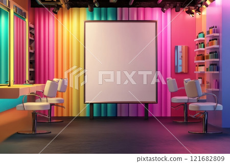A white board with colorful borders is in a room with a lot of colorful decorations 121682809