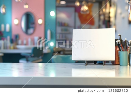A makeup station with a white box on the counter 121682810