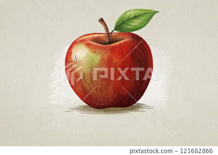 Drawing of a ripe red apple with a leaf on a gray canvas Drawing of a ripe red apple with a leaf on a gray canvas 121682866