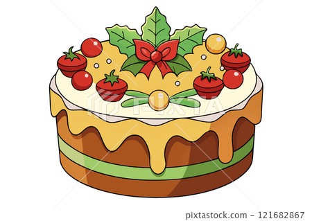 Festive cake with berries, covered with icing, cream, white chocolate 121682867