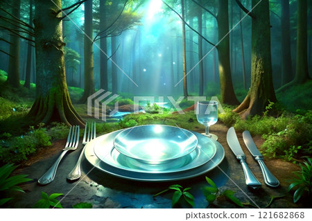Camping,picnic.Dinnerware set.plate,fork,knife,glass in forest Camping,picnic.Dinnerware set.plate,fork,knife,glass in forest 121682868