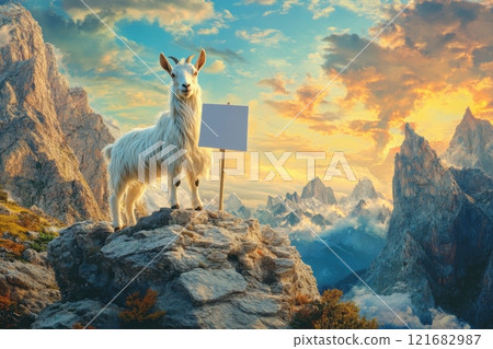 A goat is standing on a rocky mountain holding a white sign 121682987