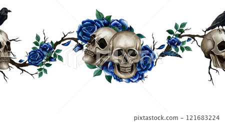 Gothic seamless banner with skulls, crow, blue roses and branches. Watercolor illustration for Halloween or Day of the Dead Holiday on white background. Gothic style for wrapping paper and background 121683224