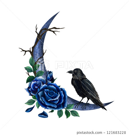 crow, roses, watercolor 121683228