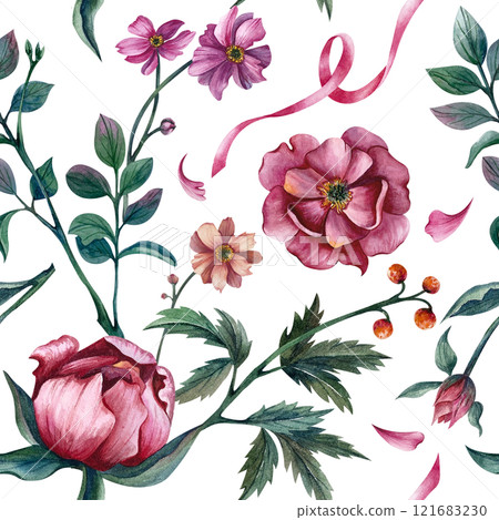 Flowers seamless pattern with leaves and ribbon. Botanical watercolor illustration on white background. Ornament is suitable for spring holidays and for gift wrapping on International Women's Day Flowers seamless pattern with leaves and ribbon. Botanical watercolor illustration on white background. Ornament is suitable for spring holidays and for gift wrapping on International Women's Day 121683230
