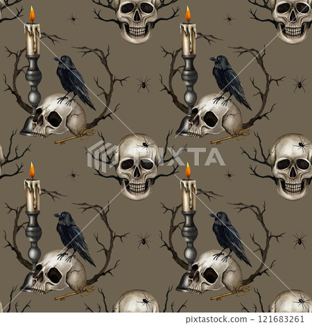 Halloween seamless pattern with raven on the skull, vintage candelabrum with candle, spider and branches. Watercolor illustration on the brown background. Gothic ornament for textile, packaging, card Halloween seamless pattern with raven on the skull, vintage candelabrum with candle, spider and branches. Watercolor illustration on the brown background. Gothic ornament for textile, packaging, card 121683261
