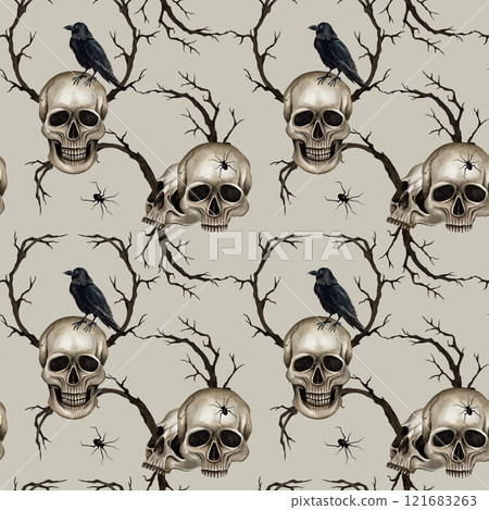 Seamless pattern with skulls, dry branches, spider and black raven. Watercolor illustration on the beige background. Hand drawn Halloween or Gothic ornament for textile, packing, web design, postcard 121683263