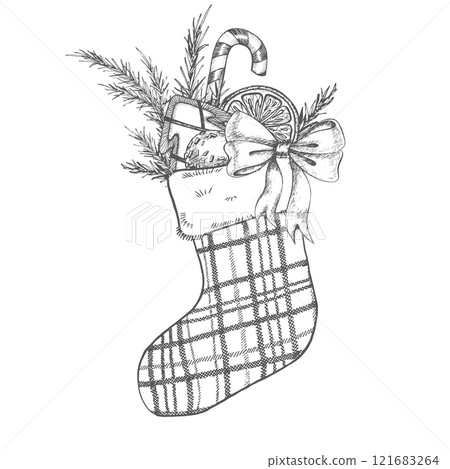 Composition with Christmas stocking silhouette with mandarin, lollipop, anis, candy, bow, spruce brunch. Graphics illustration. Wrapping paper, dishes, New Year's textiles, stickers. Outline vector Composition with Christmas stocking silhouette with mandarin, lollipop, anis, candy, bow, spruce brunch. Graphics illustration. Wrapping paper, dishes, New Year's textiles, stickers. Outline vector 121683264