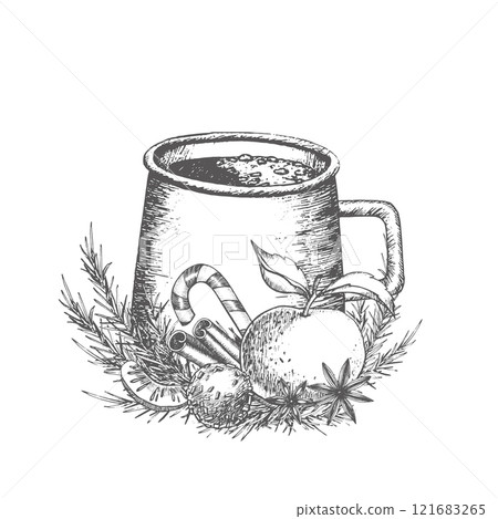 Composition with Cup of cacao silhouette with mandarin, lollipop, cinnamon, anis, candy. Graphics illustration. Cap on wrapping paper, dishes, New Year's textiles, stickers. Isolated outline vector Composition with Cup of cacao silhouette with mandarin, lollipop, cinnamon, anis, candy. Graphics illustration. Cap on wrapping paper, dishes, New Year's textiles, stickers. Isolated outline vector 121683265