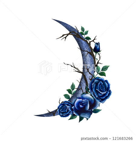 Crescent with flowers, dry branches and rose leaves. Watercolor illustration isolated from the background. Hand drawn Gothic style and Esoteric design. Astrology, poster, textile, logo, print product Crescent with flowers, dry branches and rose leaves. Watercolor illustration isolated from the background. Hand drawn Gothic style and Esoteric design. Astrology, poster, textile, logo, print product 121683266