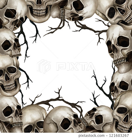 Square frame with skulls around the perimeter and dry branches. Watercolor illustration on the white background. Gothic style, Halloween or Day of the Dead Hollidays. For postcards, leaflets, web 121683267