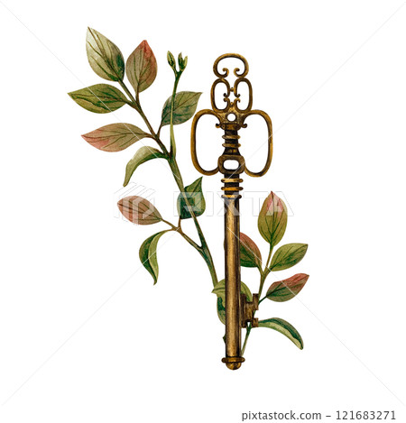 Vintage key and leaves. Watercolor illustration isolated from the background. Hand drawn composition for postcards, cards, leaflets, stationery. For making patterns, print products, web design 121683271
