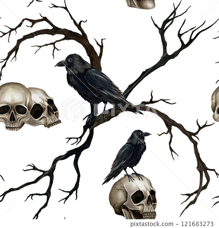 Seamless pattern with skulls and black crows on the branches. Watercolor illustration isolated from the background. Hand drawn ornament in Gothic style for textile, packaging, web design, postcard 121683273