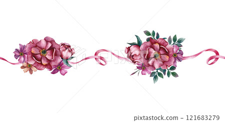 Seamless pattern with flowers and ribbon. Horizontal pattern with pink peony. Watercolor illustration on white background. Ornament for paper, spring collection on International Women's Day, banners Seamless pattern with flowers and ribbon. Horizontal pattern with pink peony. Watercolor illustration on white background. Ornament for paper, spring collection on International Women's Day, banners 121683279