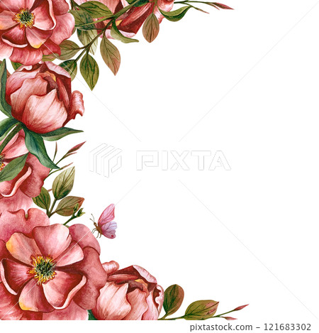 Flower frame with little butterfly. Watercolor illustration on the white background. Peonies with leaves for greeting cards and wedding or birthday invitation, March 8, Mother's Day, Daughter's Day 121683302