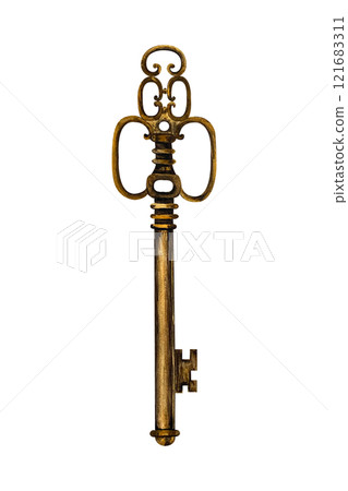 Vintage bronze key. Watercolor illustration on isolated background. Old metal openwork key hand drawing for Halloween and Gothic design. Esoteric retro object 121683311