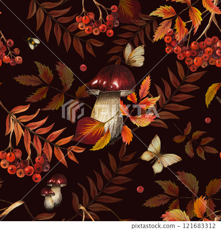 Autumn seamless pattern with aspen mushroom, leaves, rowan and butterfly. Watercolor illustration on dark background. Hand drawn ornament for textile, paper packaging, leaflets, branding, cards 121683312