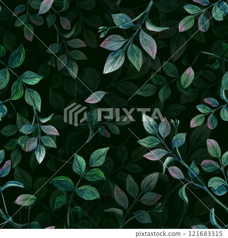 Seamless pattern with leaves. Watercolor illustration on black background. Ornament for textile, wrapping paper, web design, phone cover, cosmetic and shopping bags. Also suitable as a funeral card Seamless pattern with leaves. Watercolor illustration on black background. Ornament for textile, wrapping paper, web design, phone cover, cosmetic and shopping bags. Also suitable as a funeral card 121683315
