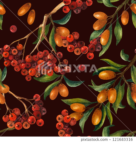 Seamless pattern with rowan twig and sea buckthorn twig. Watercolor illustration with autumn berries on the dark background. Bright hand drawn pattern for kitchen textile, product packaging, design 121683316