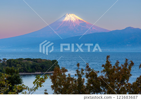 Nishiura-Eri, Numazu City, Shizuoka Prefecture Snow-capped Mt. Fuji at dawn over Cape Osezaki from a view point along the coast on the Numazu-Toi Line 121683687