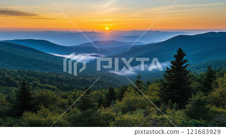 A realistic AI-generated image of a beautiful sunrise with the mountains and trees below 121683929