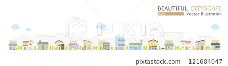 Vector illustration of a beautiful cityscape with simple shops and houses Vector illustration of a beautiful cityscape with simple shops and houses 121684047