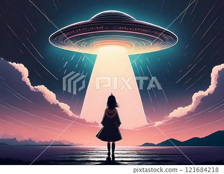 Silhouette of a girl about to be abducted by a UFO 121684218
