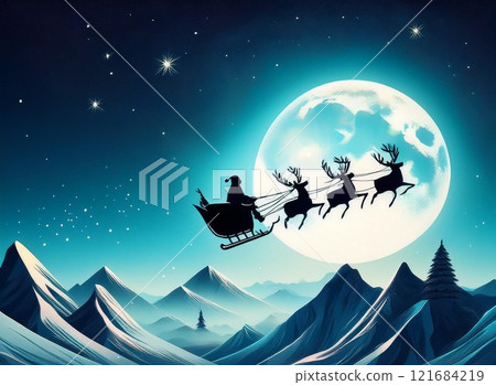 Santa Claus riding a reindeer sleigh flying through the stars 121684219