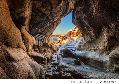 View of the natural scenery of Grebbestad from Munkkirkkan Cave 121684262