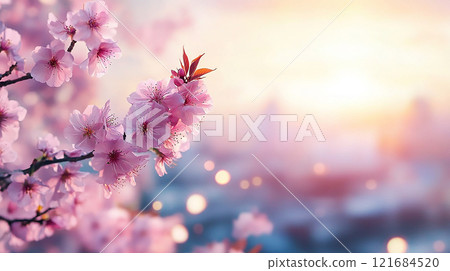 夕陽染紅的櫻花與街景 121684520