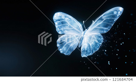 A neon glowing butterfly with intricate wings floats against a solid black background A neon glowing butterfly with intricate wings floats against a solid black background 121684704
