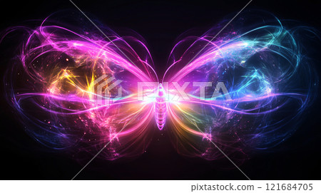 Against a solid black backdrop, a butterfly with intricate neon glowing wings hovers gracefully 121684705