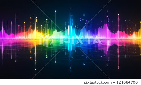 An abstract soundwave visualizer displays bright multicolored lines against a solid black background An abstract soundwave visualizer displays bright multicolored lines against a solid black background 121684706