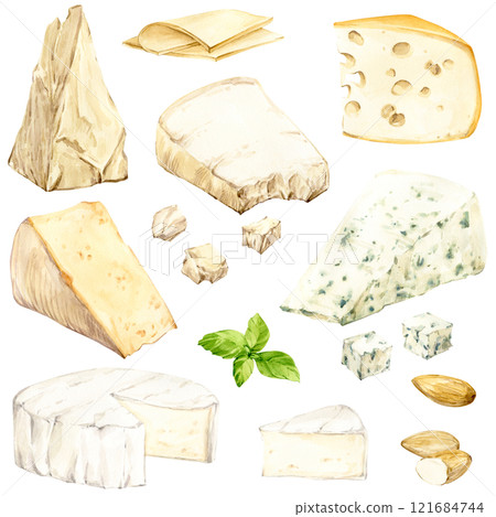 Large watercolor set of cheese. Different types of hard and soft cheeses cut into pieces. Dairy fermented products hand drawn illustration. Perfect for menu, recipe, label, packaging design. Large watercolor set of cheese. Different types of hard and soft cheeses cut into pieces. Dairy fermented products hand drawn illustration. Perfect for menu, recipe, label, packaging design. 121684744