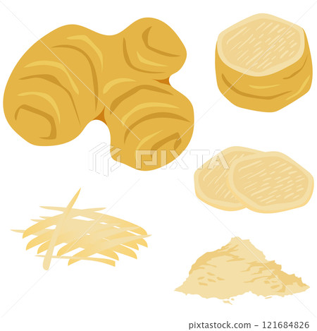 Ginger set illustration: chopped ginger, sliced ginger, grated ginger, vector illustration, simple Ginger set illustration: chopped ginger, sliced ginger, grated ginger, vector illustration, simple 121684826