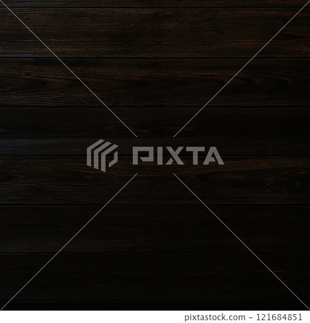 A square background image of dark brown boards with grain arranged horizontally 121684851